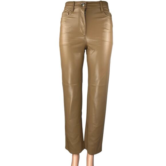 Aritzia Wilfred The Melina Brown Faux Leather Mid Rise Straight Trousers Pants 0 - Picture 1 of 5